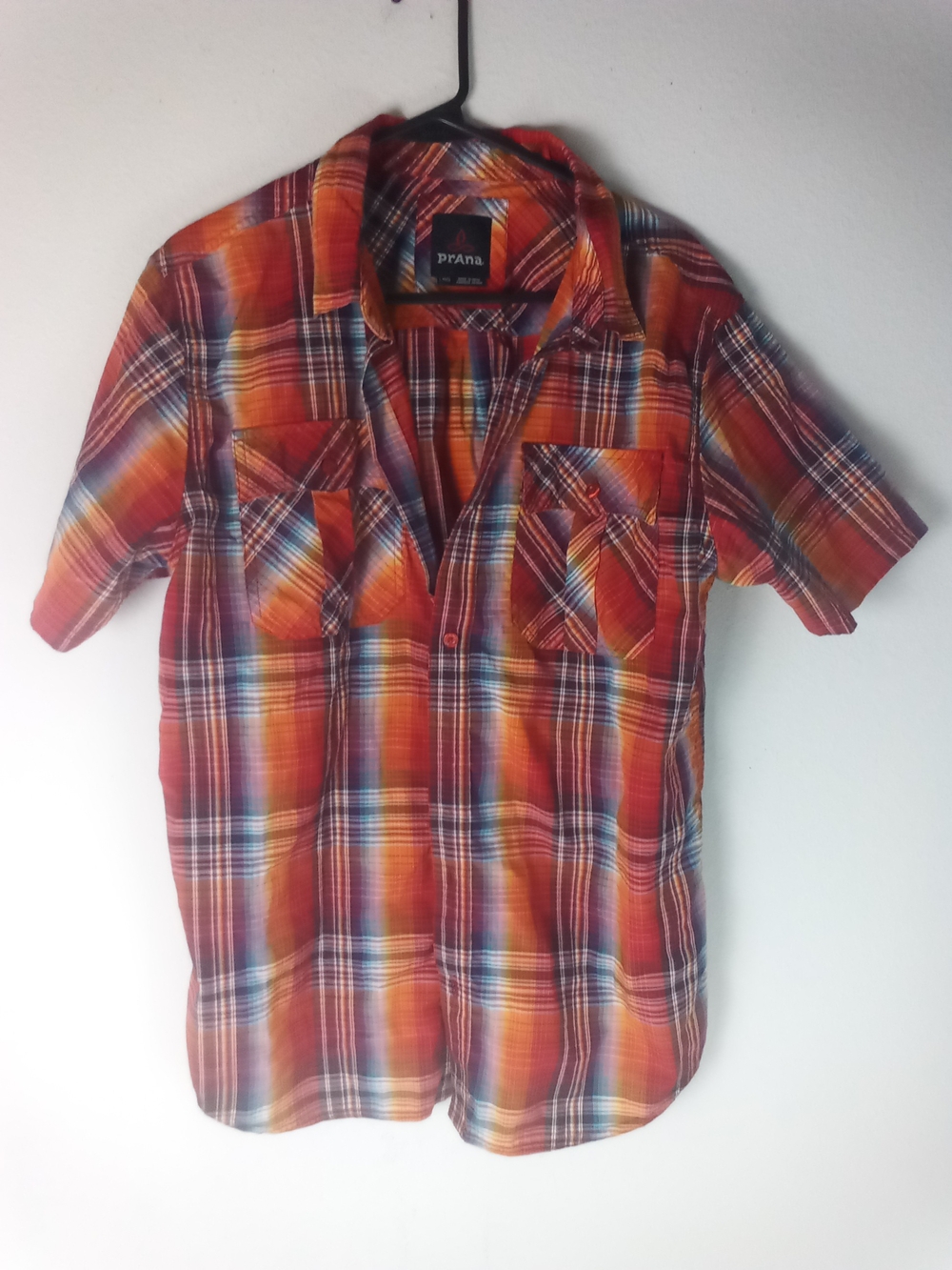 prAna Plaid Short Sleeve Shirt Rust Gold Blue Size Large
